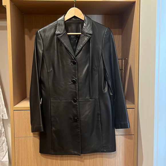 90s Y2K Black leather jacket trench - Picture 3 of 4